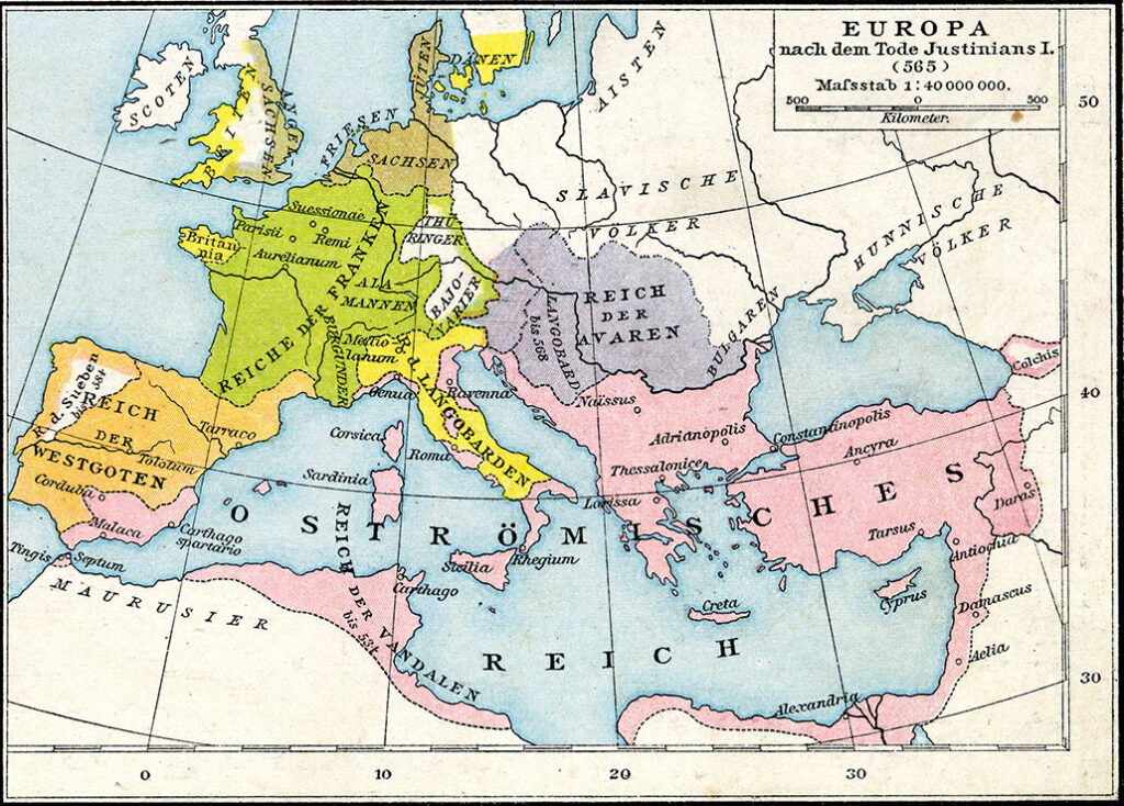 This map shows Europe in 565, near the end of Justinian I’s reign, including the territories the Byzantine Empire regained in North Africa, Italy, and southern Spain.