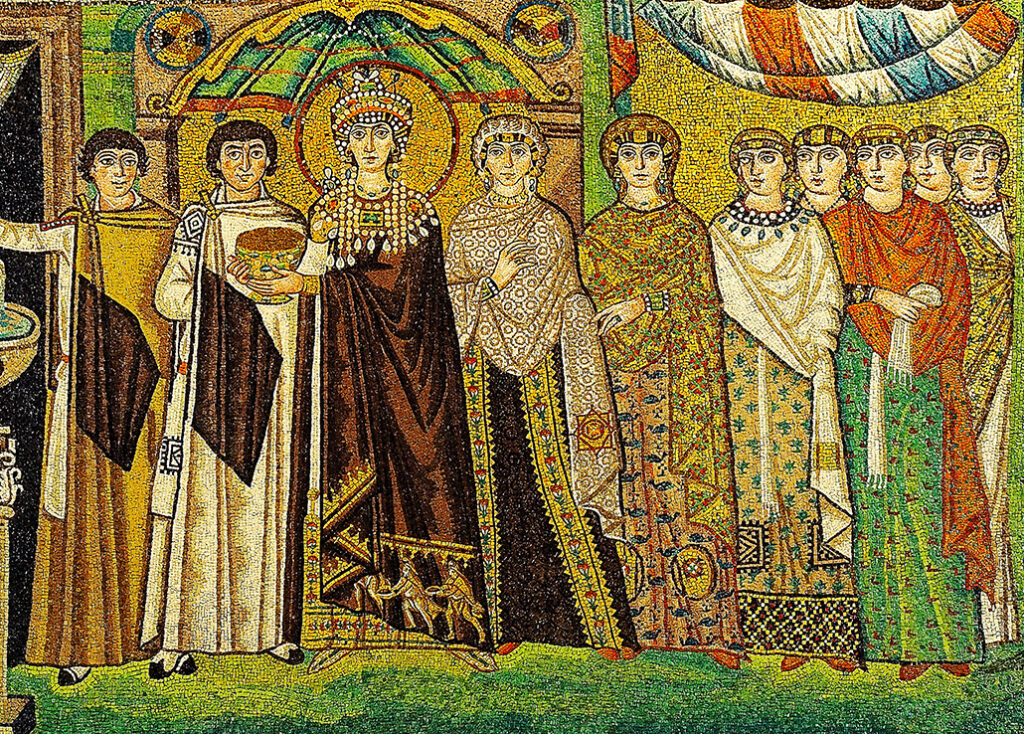 Empress Theodora and members of her court, depicted in a sixth-century mosaic in the Basilica of San Vitale in Ravenna, Italy.